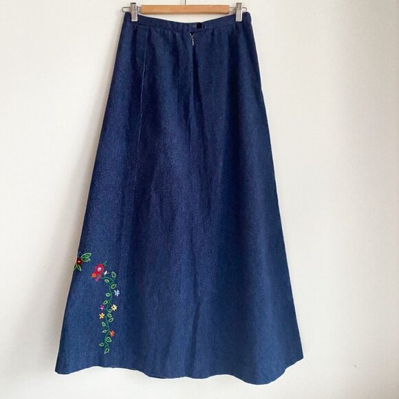 Vintage Blue Denim Floral Embroidered A line Maxi Skirt S - Picture 5 of 6